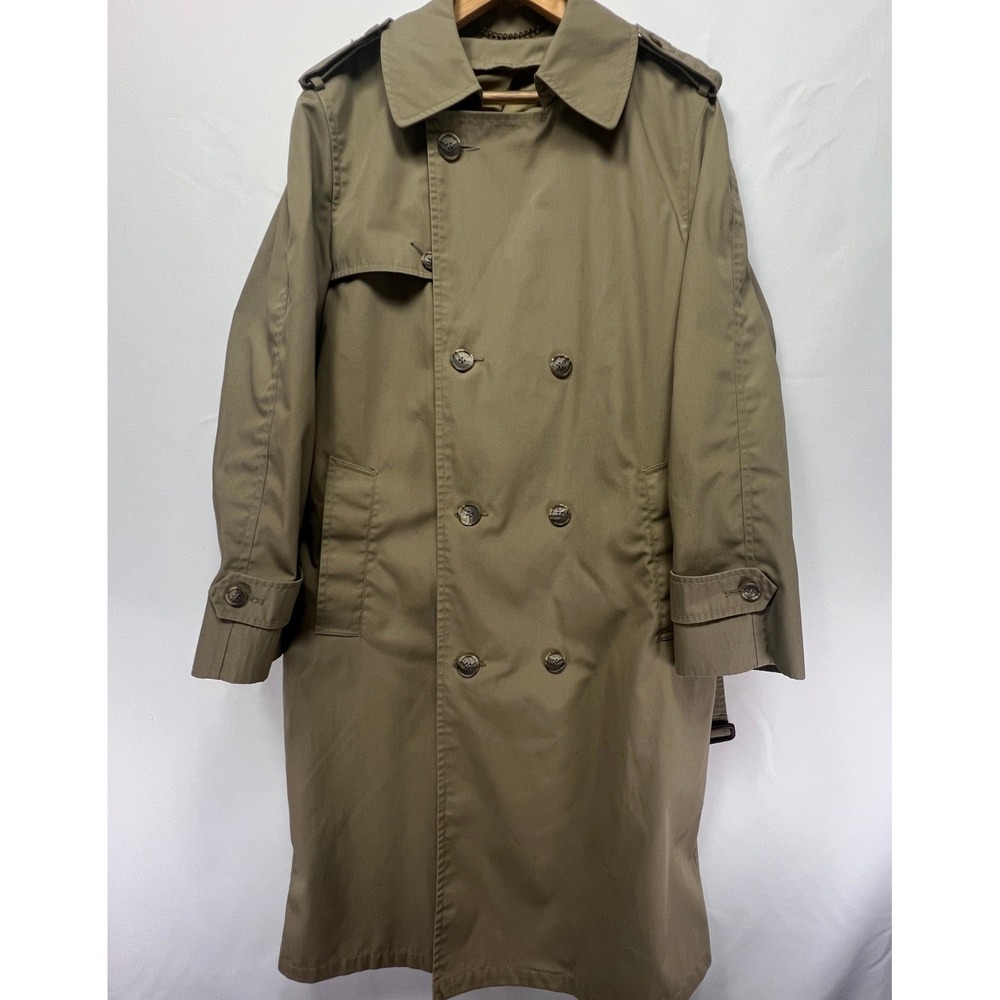 Vintage Mens Khaki Double Breasted Trench Coat Made in USA Tan Overcoat